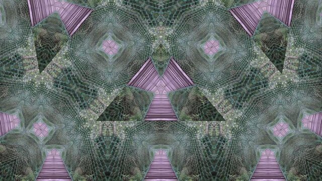 Kaleidoscope of wooden canopy in abstract background 4k view. Animation geometric pattern