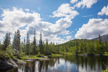 On a trip along Lake Strauman in Velfjord ,with blue sky and white ,Helgeland,Nordland county,scandinavia,Europe