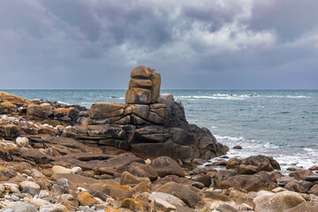 Granite rock facing the sea Ile de Batz (Roscoff), Finistere, Brittany, France