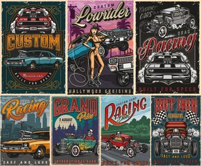 Retro custom cars colorful posters set