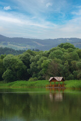 Fototapeta na wymiar Spring natural landscape with a lake surrounded by green foliage of trees and wooden cabin