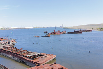 Aerial of boat graveyard on the Arthur Kill, Staten Island, New York