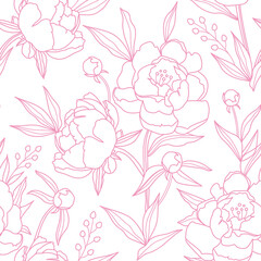 Seamless vector pattern with peonies on a white background