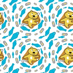 Summer seamless pattern with seals and fish. Print for packaging paper and fabric.