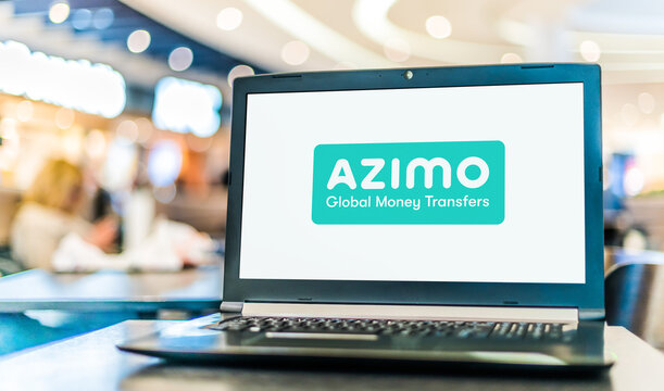 Laptop computer displaying logo of Azimo