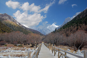 Landscape nature of Mt. Chanadorje and Chonggu Meadow in winter season  with wood bridge at Yading, Daocheng of Sichuan Province, China - hikes to epic mountains and adventurous backpacking