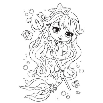 Mermaid princess holding a trident weapon in her hands, coloring book. Coloring book for girls with a beautiful little mermaid. Vector line illustration in cartoon childish style. Isolated clipart