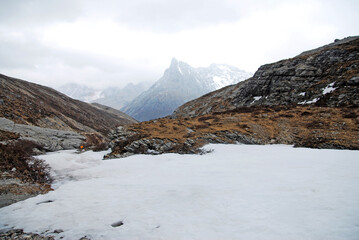 Fototapeta na wymiar Glacier ice of milk lake of yading , in Daocheng Country,China - hikes to epic mountains and adventurous backpacking