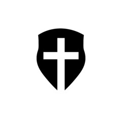 Shield icon with christian cross symbol isolated on white background