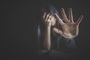 woman making NO or STOP gesture with hand, Stop drugs, Stop violence against children, stop...
