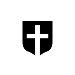 Shield icon with christian cross symbol isolated on white background