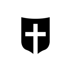Shield icon with christian cross symbol isolated on white background