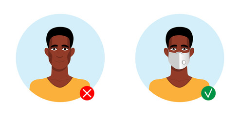 African american man with and without respirator type FFP2, N95. Valve mask required. Vector illustration.