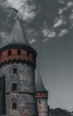 large old castle tower. in black and white filter 