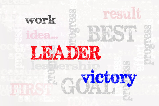 business card with words leader work and victory on light background