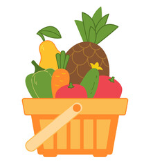 Supermarket basket with fruits and vegetables. Shopping in the store of natural products logo. Vector illustration in cartoon flat style. Isolated color clipart on white background