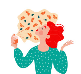 A cute red-haired woman or girl holds a bottle in her hand and sprays perfume with orange on herself and enjoys the scent. Vector illustration. Orange slices. Citrus notes.
