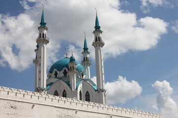 the mosque behind the wall of the white-stone Kazan Kremlin