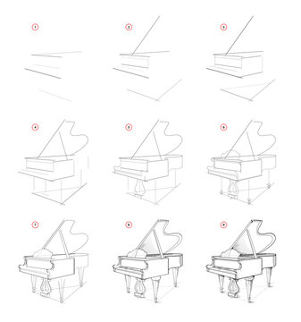 Page shows how to learn to draw sketch of grand piano. Creation step by step pencil drawing. Educational page for artists. Textbook for developing artistic skills. Online education.