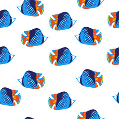 Ocean blue fishes decorative pattern seamless on white background
