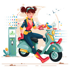 Ilustracja wektorowa, młoda dziewczyna siedząca na skuterze, odpoczywająca podczas ładowania pojazdu elektrycznego. Kobieta karmiąca ptaka ziarnem. 