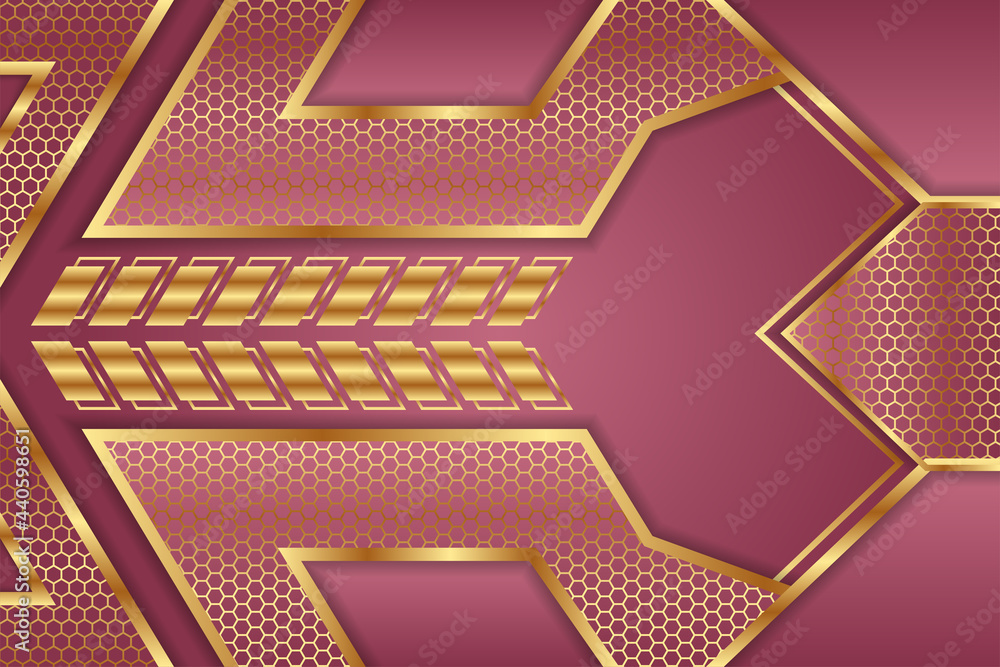 Poster elegant pink shade background with line golden elements. hexagon pattern. realistic luxury style 3d 