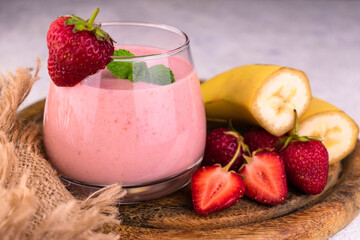 Glass Strawberry Banana Smoothie White Background Close-up