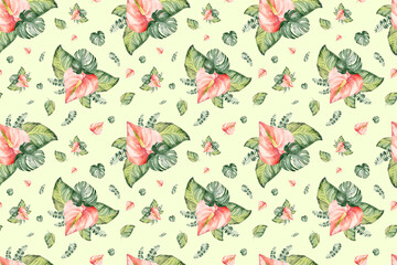 Fototapeta na wymiar watercolor set of exotic patterns tropical flowers and leaves