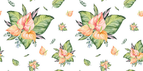 watercolor set of exotic patterns tropical flowers and leaves
