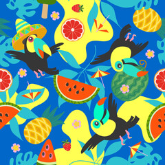 Summer bright vector seamless pattern with juicy fruits and tropical leaves.