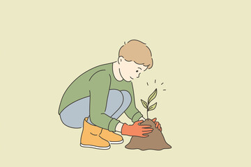 Ecological care and growing plants concept. Little boy cartoon character in gloves sitting growing taking care of green plant seed working with ground vector illustration 