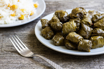 Stuffed meat, grape boiled leaves, traditional turkish food, sarma, dolma