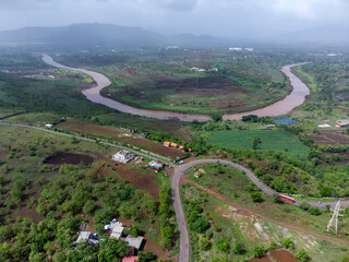 Aerial view of River Nira at Bhor near Pune India.