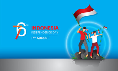 76th Happy Indonesia Independent Day template design. Youth holding a Indonesian flag. Vector illustration