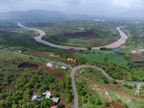Aerial view of River Nira at Bhor near Pune India.