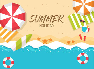 top view beach summer background. summer holiday wave sea with umbrellas,balls,sunglasses,surfboard,starfish. vector illustration in flat style modern design.