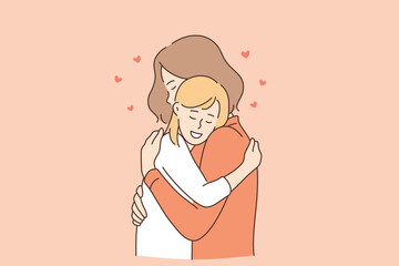 Mothers day and happiness of maternity concept. Happy smiling mother and daughter cartoon characters hugging each other with love and care vector illustration 