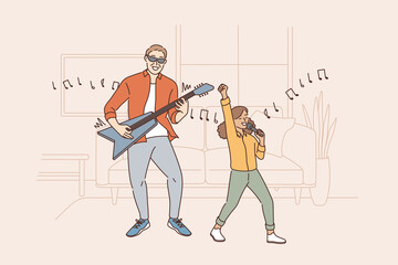 Entertainment and activities with children concept. Smiling positive father playing guitar while his happy daughter singing song in microphone together vector illustration 
