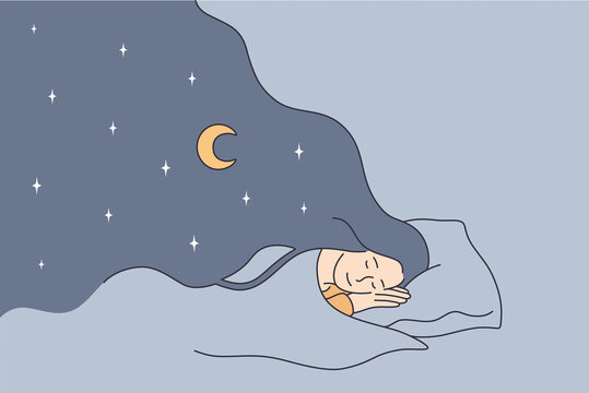 Having sweet dreams at night concept. Young positive girl cartoon character lying in bed sleeping having dreams with eyes closed vector illustration 