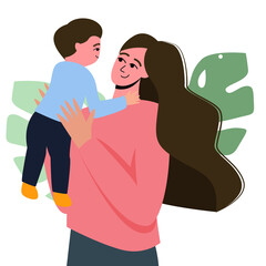 Mom holds her son in her arms, an illustration for Mother's Day. Mother and son. Cartoon Flat Illustration.