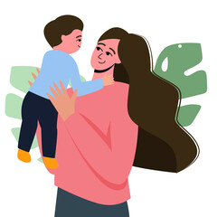 Obraz premium Mom holds her son in her arms, an illustration for Mother's Day. Mother and son. Cartoon Flat Illustration.