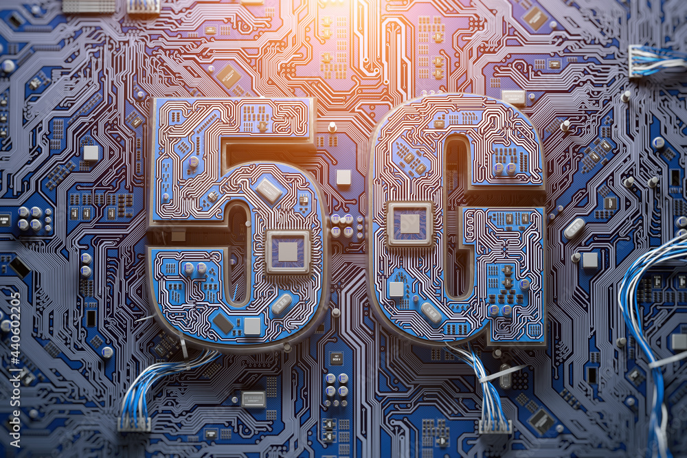Poster 5g technology development, semiconductor productivity growth concept backgound. 5g chip on computer 