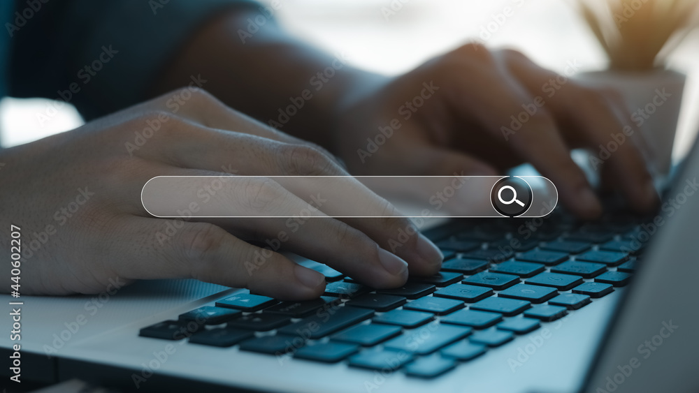 Poster searching browsing internet data information with blank search bar.businessman working with smart ph