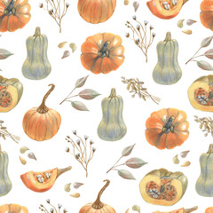 Seamless pattern of pumpkins, seeds and dried leaves. Made in the technique of colored pencils. Hand drawn.