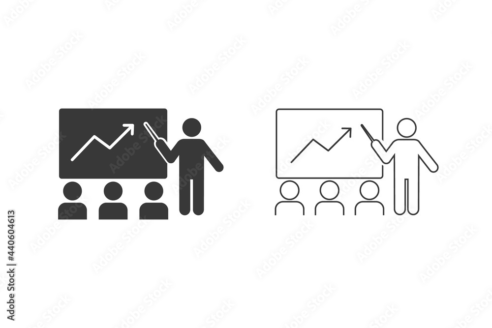 Poster seminar lecture icon set. vector graphics sign in flat