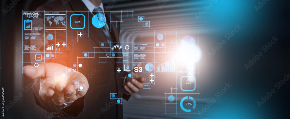 Poster erp, document management concept.businessman working with laptop computer with icons on virtual scre