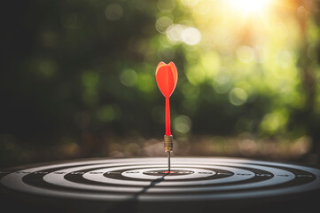 Bullseye or dart board has dart arrow throw hitting the center with bokeh nature backgrounds,...