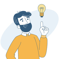 Man getting idea and shows gesture. Man finds solution or solved problem. Vector illustration in cartoon style. 