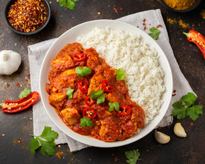 Spicy Chicken Pathia curry with basmati rice in a white plate. healthy food.
