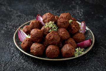 Vegetarian vegan meatballs ready to eat in plate